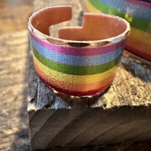 Handmade Boho Copper Wide Cuff Ring, Diamond Cut Rainbow Pride Design, Gift Box